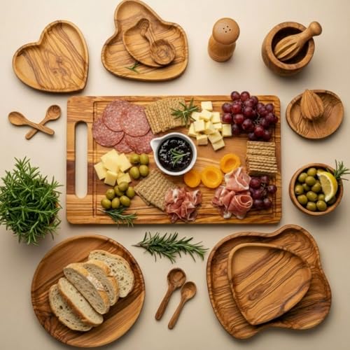 Olive Wood Charcuterie Board Rectangle Handle, Cheese Knife Fork | 15.8" X 10" Handcrafted with Embedded Handle, Natural Grain Groove, Wedding Housewarming Bridal Shower Gifts for Couples - color: Olive Wood, style: Rectangle with Embedded Handle