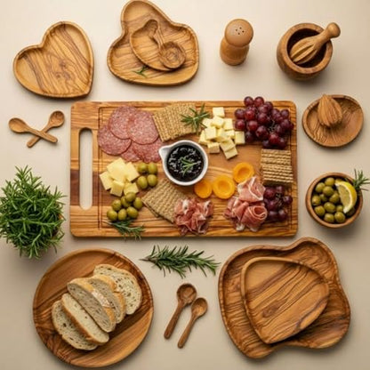 Olive Wood Charcuterie Board Rectangle Handle, Cheese Knife Fork | 15.8" X 10" Handcrafted with Embedded Handle, Natural Grain Groove, Wedding Housewarming Bridal Shower Gifts for Couples - color: Olive Wood, style: Rectangle with Embedded Handle