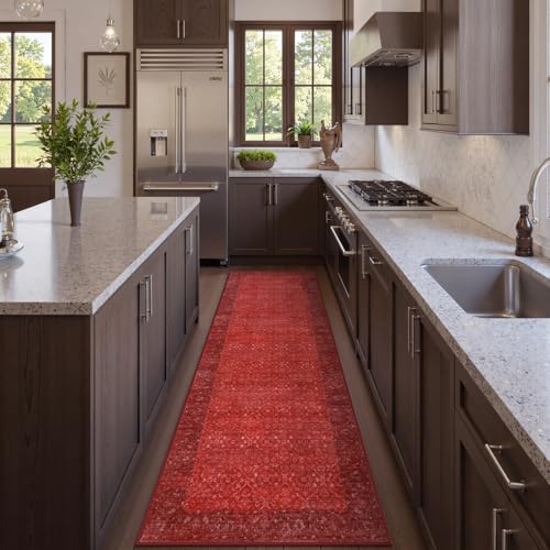 Hedlive Red Kitchen Runner Rugs Non Skid Washable, 2.6x8 Long Hallway Runner Rug 8 Ft, Ultra-Thin Vintage Red Carpet Runner for Entryway Bathroom Bedside Laundry Room Hall (2'6"x8') - color: Red, size: 2'6" x 8' (Runner)