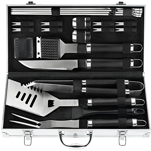 POLIGO 22PCS Heavy Duty BBQ Grill Accessories Set, Non-Slip Grill Tools for Outdoor Grill Set Stainless Steel Grill Utensils Set, Deluxe Grilling Tools Set in Aluminum Case Ideal Gifts for Men Black - color: Black