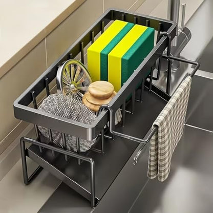 Carbon Steel Kitchen Sink Caddy, Sponge Holder Self Drain Soap Dish with Detachable Dishcloth Rack for Kitchen Countertop Organizer, Black - color: Black