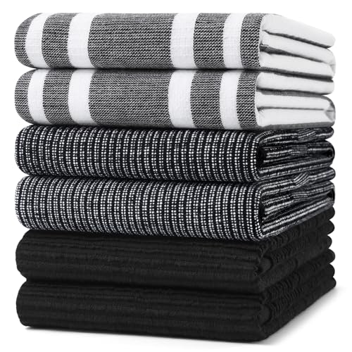 Homaxy Cotton 380 GSM Premium Kitchen Towels, 18"x 28", 6 Pack, Black | Soft and Absorbent Terry Dish Towels, Multipurpose Tea Towel Set with Hanging Loop, 3 Styles Kitchen Hand Towels - color: Black, size: 18" X 28" - 6 Pack