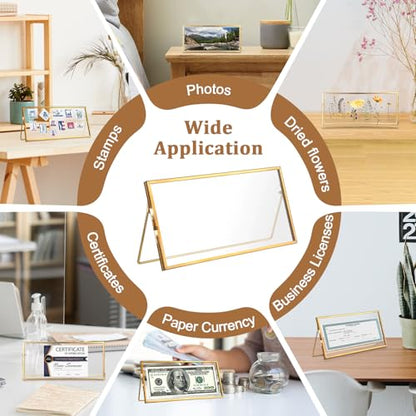 Double-Glass Dried Flower Frame, Brass Floating Frames for Pictures, Pressed Flowers, Leaves, Arts, Stamps, 4x 9 inches Decorative Tabletop Display Holder for Home Plant Specimen (FRAME ONLY)