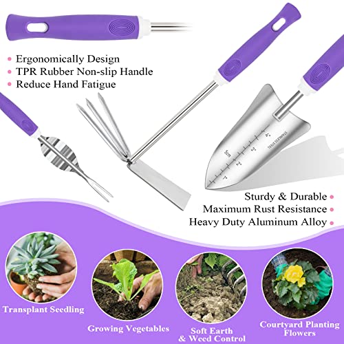 Purple Garden Tool Set Gardening Items for Women - 11PCS Heavy Duty Garden Tools with Detachable Storage Bag, Weeder, Dual-Purpose Hoe - color: Purple