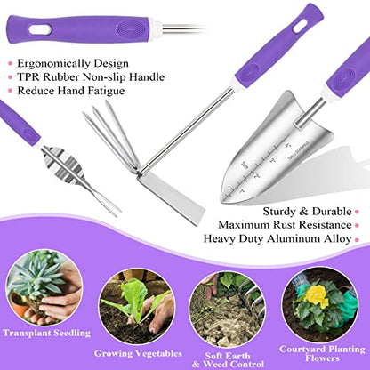 Purple Garden Tool Set Gardening Items for Women - 11PCS Heavy Duty Garden Tools with Detachable Storage Bag, Weeder, Dual-Purpose Hoe - color: Purple