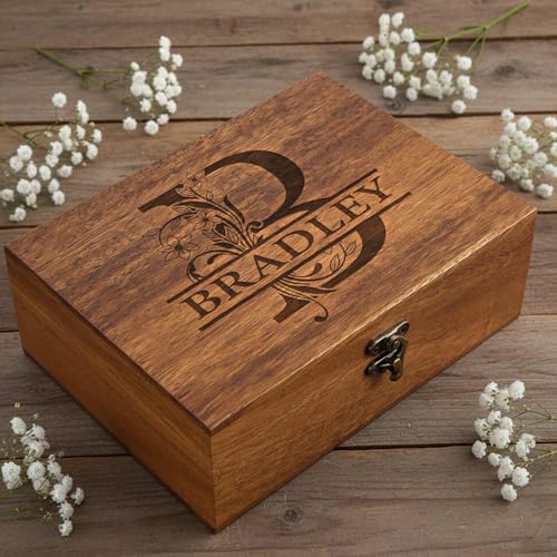 Personalized Walnut/Pine Wooden Keepsake Box 8 * 6 * 3in, Custom Engraved Family Memory Wooden Box, Large Walnut with Initials Story Storage Boxes, Personalized Name Decorative Boxes - color: Keepsake