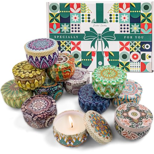 Scented Candles Gift Set, 12 Pack Soy Wax Aromatherapy Candles | 12 Summer Scents, Travel Tin Design, Gift Box Included, Home Fragrance, Spa Relaxation, Self Care, Birthday & Women Gifts - color: Scented Candles-12 Pack