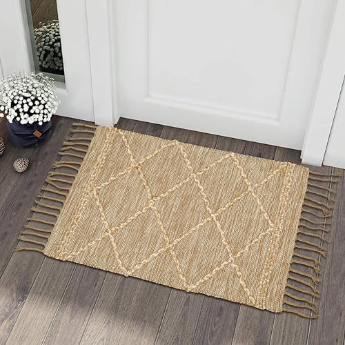 Hausattire Jute Boho Entryway Rug, Natural, Non-Slip | 100% natural jute, braided diamond design, non-slip backing, handwoven, 24x36 in, farmhouse/boho style, indoor/outdoor use - color: Natural Beige, size: 2' x 3' (Rectangular)
