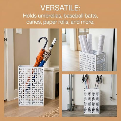 BEWBBAT Umbrella Holder Stand for Entryway, Square Metal Umbrella Rack, Freestanding Rectangular Hollow Rack for Home Office, 16 x 10 x 5 Inch, White