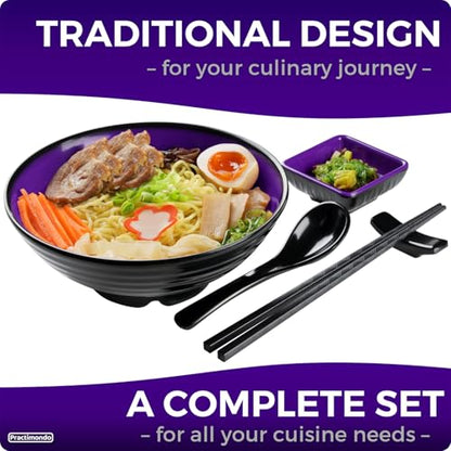 Unbreakable Ramen Bowl Set with Chopsticks and Spoon: 2 large Japanese Style Melamine Ramen Bowls (2 Bowl Set, Purple-Black) - color: Purple & Black, size: 2 Bowl Set