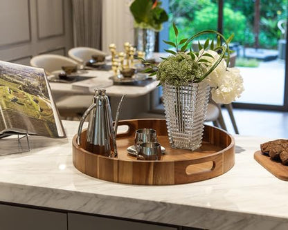 Round Wood Serving Trays Set of 2, Ottoman Tray Rustic Acacia Wooden Trays with Handles, Nesting Circle Tray with 4 Coasters for Coffee Table Living Room Bathroom Bedroom Party - color: 15.75"+13.78" Round Tray - Acacia