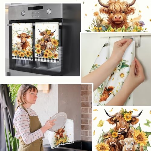 VitalCozy 8 Pcs Highland Cow Kitchen Towels Pot Holders Oven Mitt Set Absorbent Highland Cattle Dish Towels Square Potholders Watercolor Heat Resistant Glove for Home Cooking Baking Gift(Sunflower) - style: Sunflower