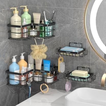 Corner Shower Caddy, 4-Pack Adhesive Shower Shelves with Soap Holder No Drilling, Rustproof Bathroom Shower Organizer Storage, Black