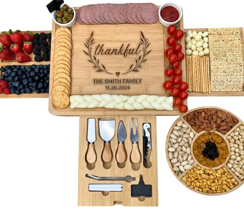 Custom Charcuterie Board & Knife Set – Personalized Bamboo Cheese Platter – Large 15.25" x 13" Serving Board for Weddings, Housewarmings & Holidays Thanksgiving Gift - color: Design #25