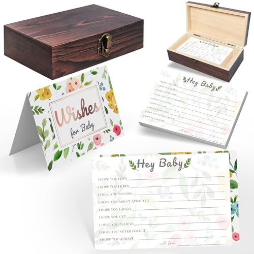 Watercolor Floral Wishes for Baby Cards with Keepsake Wooden Box - 60 Message Cards & Sign - Baby Shower Guestbook Alternative, Gender Reveal Game, New Mom Gift - color: HEY BABY
