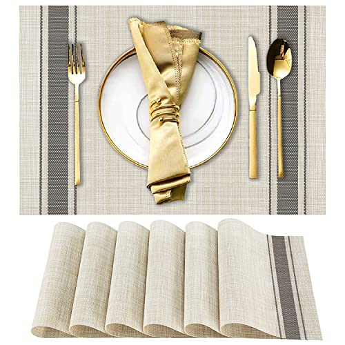 DACHUI Placemats Set of 6, Heat Resistant, Washable Woven Vinyl Place Mats - color: Grey Stripes, size: 6PCS