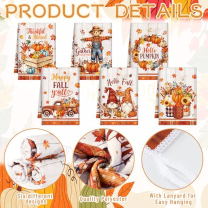 Redbaker 6 Pcs Fall Kitchen Towels Scarecrow Pumpkin Funny Dishcloth | Autumn Absorbent Farmhouse Decorative Fast Drying Tea Dish Towel with Hanging Loop for Kitchen Bathroom Housewarming Gift - style: Fall Scarecrow