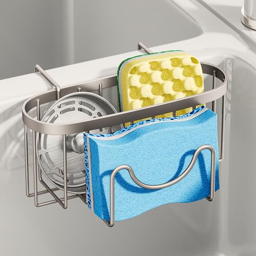 SWTYMIKI Sponge Holder for Kitchen Sink - Movable Kitchen Sink Caddy with M Shape Hook, Stainless Steel Hanging Sponge Caddy for Dish Sponge, Brush, Stopper Organizer in Double Sink, Sand Nickel - color: Sand Nickel-regular