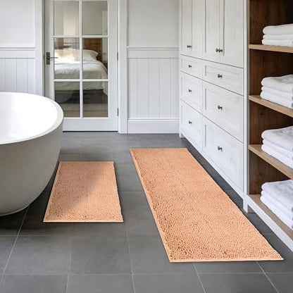 Beige Bathroom Rugs, 47x20 Large Bath Mat & 17x24 Small Bathroom Mat, Soft Chenille Non-Slip Rugs for Bathroom Floor, Tub & Shower, Absorbent and Machine Washable - color: Beige-2