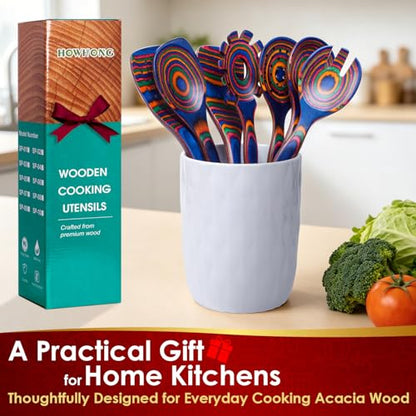 HOWHONG Colorful Wooden Cooking Utensils Set, 7-Piece Rainbow Pakkawood | Layered Pakkawood, Wooden Cooking Utensils, Nonstick Cookware Compatible, Heat Resistant, Handmade