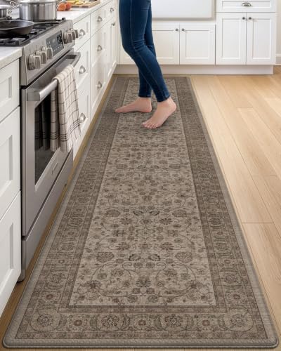DEXI Kitchen Floor Mats Cushioned Anti Fatigue Runner 23x107 Brown Floral | Long Soft Comfort Memory Foam, Easy Care, Waterproof, Standing Padded for Front Sink Laundry Office - color: Brown, size: 107"L x 23"W x 0.4"Th