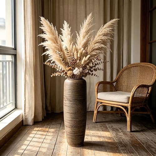 Brown Rustic Ceramic Floor Vase, 24 Inch, Ribbed Texture | Living Room, Entryway, Fireplace, Pampas Grass, Dried Branches - size: 23.6 Inch
