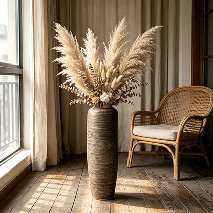 Brown Rustic Ceramic Floor Vase, 24 Inch, Ribbed Texture | Living Room, Entryway, Fireplace, Pampas Grass, Dried Branches - size: 23.6 Inch