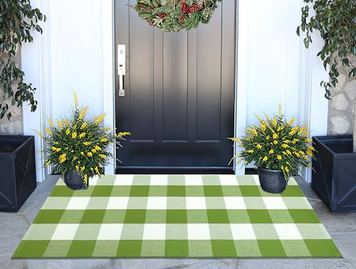 Green White Buffalo Plaid Outdoor Rug 24"x51" Cotton Checkered Door Mat | Hand-Woven Washable Layered Doormat Farmhouse Front Porch Rug Combined With Hello/Welcome Mat - color: Green Buffalo, size: 24''x 51''