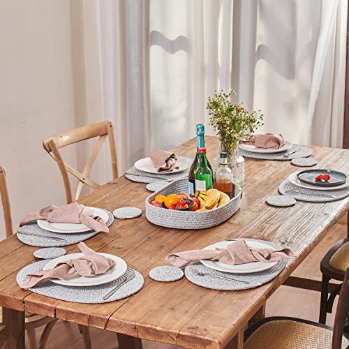 13-Piece Oval Cotton Rope Placemat Set, Coasters, Heather Gray | 16 x 12 inch, machine washable, thick woven construction, everyday heat protection - color: Heather Gray, size: 16*12 Plus 6 coasters