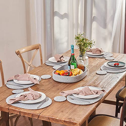 13-Piece Oval Cotton Rope Placemat Set, Coasters, Heather Gray | 16 x 12 inch, machine washable, thick woven construction, everyday heat protection - color: Heather Gray, size: 16*12 Plus 6 coasters