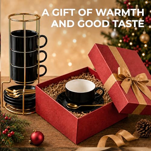 3 Ounce Espresso Cups Set of 4, Black | Stackable Demitasse Mugs, Includes Display Stand, Cups Saucers, and Spoons, for Machines & Home Use - color: Black