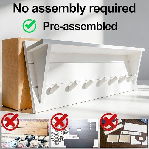 WEBI Coat Rack Wall Mount with Shelf,30" Long Entryway Wall Shelf with Hooks Underneath,7 Peg Hooks for Hanging Coats,Caps,Jacket,Clothes,White - color: White, size: 30 Inch