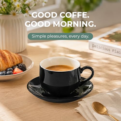 3 Ounce Espresso Cups Set of 4, Black | Stackable Demitasse Mugs, Includes Display Stand, Cups Saucers, and Spoons, for Machines & Home Use - color: Black