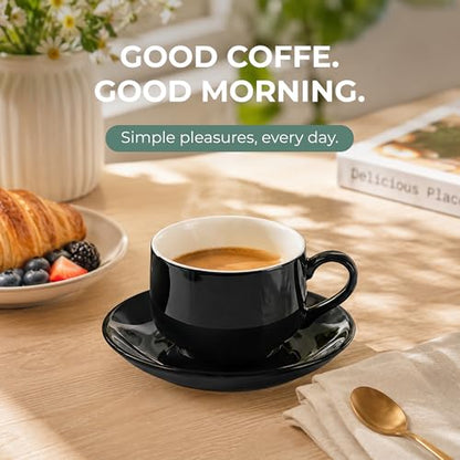 3 Ounce Espresso Cups Set of 4, Black | Stackable Demitasse Mugs, Includes Display Stand, Cups Saucers, and Spoons, for Machines & Home Use - color: Black
