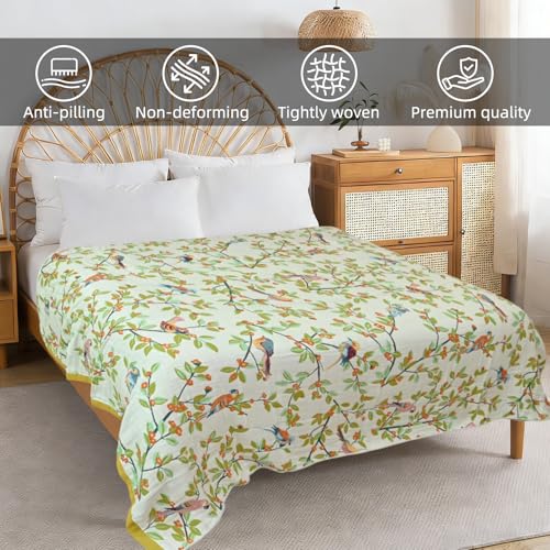 Boho Throw Blanket for Couch Bed, 100% Cotton Soft Rustic Quilt 60''x 80'', Super Soft Bohemian Decor Reversible Sofa Bed Chair Blanket Cover for All Seasons(Floral Bird)