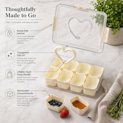 Snackle Box Container with Leakproof Lid and Handle, 8 Compartment Divided Serving Tray with Removable Containers, Spill-Proof Portable Snack Tray for Kids Snacks, Fruit, Candy, Nuts, Picnic & Parties