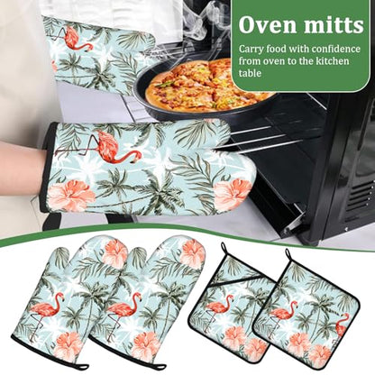 Tropical Flamingo Palm Flower Oven Mitts and Pot Holders Set 4 Pcs Extra Long Heat Resistant Gloves Potholder for Baking, BBQ, Grilling - color: Flamingo