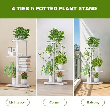 Metal Plant Stand Indoor Outdoor, 4 Tier 5 Potted Plant Shelf, Anti Slip Waterproof Flower Holders, Planter Shelf Display Rack Storage Organizer for Living Room Patio Lawn Balcony Garden