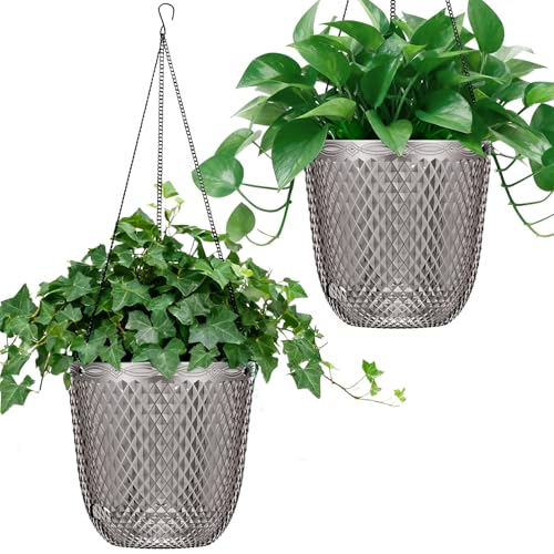 QCQHDU Hanging Planters for Indoor Plants, Plastic, 2-Pack, 5.7 Inch, Gray | Self Watering, Plant Hanger, Drainage Holes, 3 Hooks Chains, For Garden Home - color: Gray, size: 5.7in