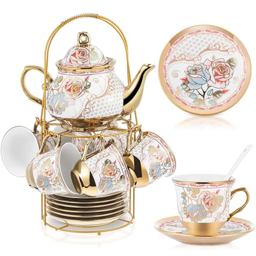 Zhehao 20 Pcs Porcelain Tea Set with Metal Holder and Spoon Adult Ceramic Tea Set European Flower Painting Teapot Cup Saucer Spoon for Women Mom Gift, Large Version (Minimalist Style) - color: Minimalist Style