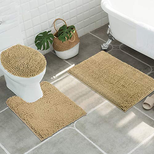 Standard 3pc Non-Slip Shaggy Chenille Bathroom Mat Set, Includes 24"x21" U-Shaped Contour Toilet Rug, 34"x21" Inches Bathmat and 1 Toilet Lid Cover, Beige - color: Beige, size: 24''x21’’, 34’’x21’’ and TLC (Set)