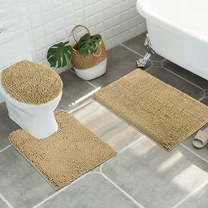 Standard 3pc Non-Slip Shaggy Chenille Bathroom Mat Set, Includes 24"x21" U-Shaped Contour Toilet Rug, 34"x21" Inches Bathmat and 1 Toilet Lid Cover, Beige - color: Beige, size: 24''x21’’, 34’’x21’’ and TLC (Set)