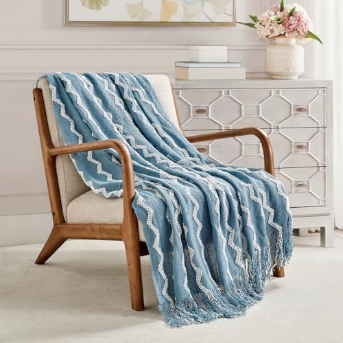 BOURINA Knitted Throw Blanket Boho Chenille Outdoor Blanket,Blue 50x60Inch | Chenille Throw Blanket Textured Solid Soft Throws and Blankets for Sofa or Bed Knitted Decorative Blanket - color: A-blue, size: 50"×60"