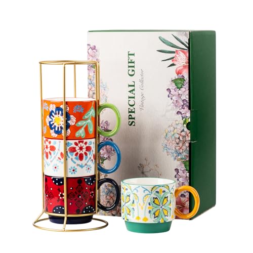 Floral Stackable Ceramic Coffee Mugs - Set of 4 with Stand, 12.5 oz Multi-Color Porcelain Cups for Latte, Cappuccino, Tea, Hot Cocoa - Dishwasher & Microwave Safe (Floral) - color: Floral