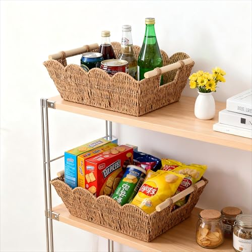 Scalloped Basket with Wooden Handle, Water Hyacinth/Seagrass/Wicker Storage Baskets, Hand Woven Baskets for Shelves,Natural Baskets for Organizing (2)