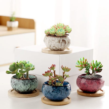 Ceramic Plants Pots 3 Inch Set of 4 Flower Pots with Drainage and Bamboo Tray for Indoor/Outdoor Small House Plants,Foliage Plant - style: Set 1