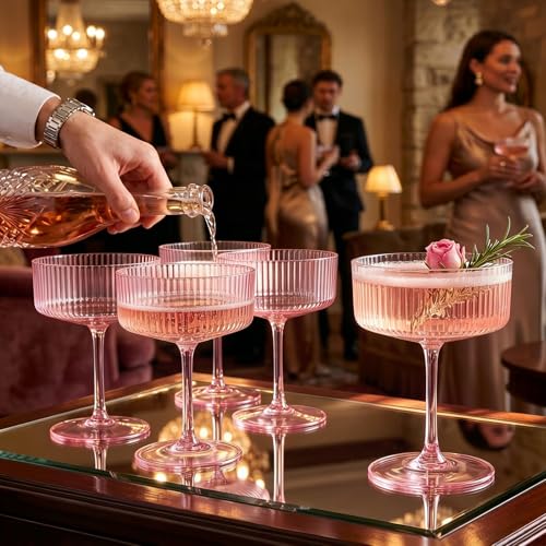 Ciaell 12 Pack Pink Plastic Martini Glasses for Bars Parties | 10 oz Pink Ribbed Coupe Cups, Heavy Duty Plastic, Cocktails Whiskey Margaritas Wine for Weddings Outdoor Gatherings Dinners - color: Pink