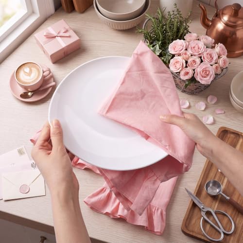 HunnmingRe Light Pink Kitchen Towels Set of 2, 100% Cotton Retro Ruffled Dish Towels 18"x28" Absorbent Tea Cloths for Farmhouse Charm, Drying Dishes, Entertaining Guests - color: Light Pink, style: Retro
