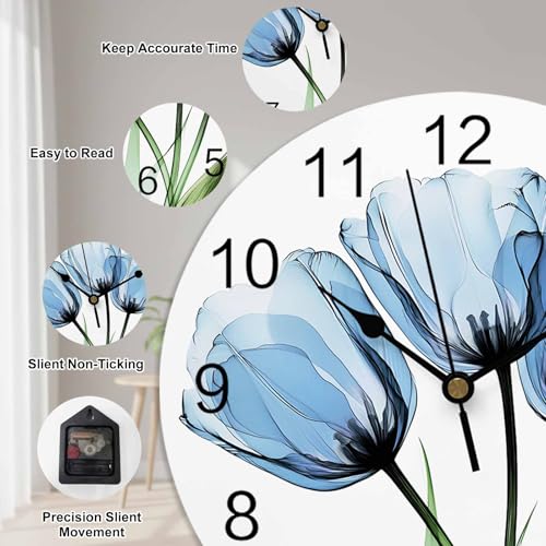Yukro 10 Inch Blue Tulip Wall Clock, Country Flower Farmhouse Battery Operated Silent Non Ticking Clocks, Easy to Read Round Wall Clock for Kitchen/Living Room/Bedroom/Office - color: Lake Blue Green, size: 10 Inch
