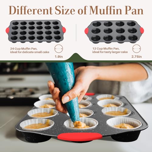 11-Piece Nonstick Stackable Baking Pans Set, Non Toxic Oven Pans, Red&Black | Toxin-Free Bakeware Sets, Baking Pan Set with Silicone Handles, Includes Cookie Sheets, Loaf Pan, Pizza Pan, Muffin Pan